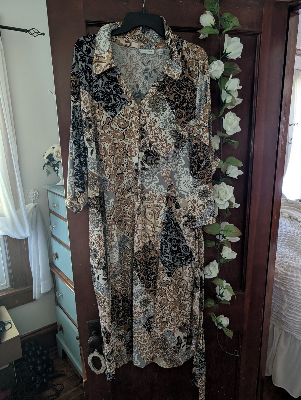 Susan Graver Patterned Button-Front Women's Shirt Dress in Brown and Black 3X
